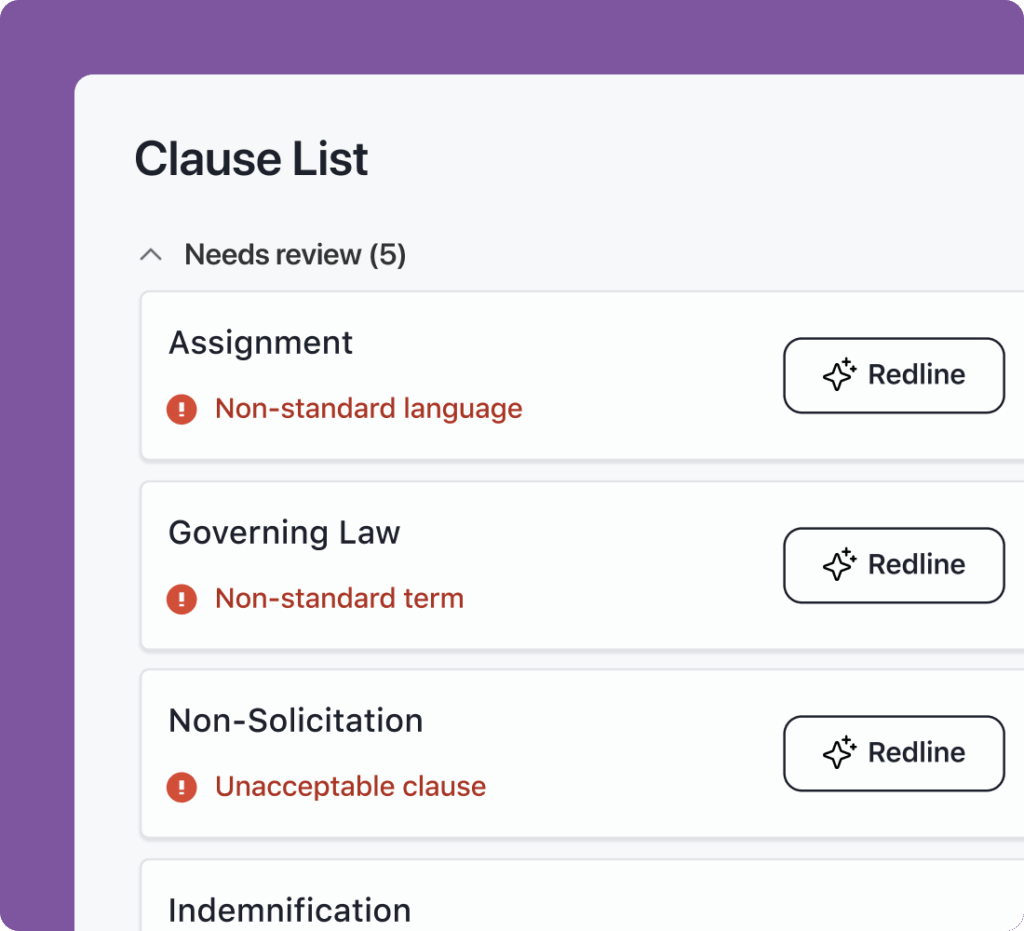 image of clause list and ai redlining specific elements on each clause
