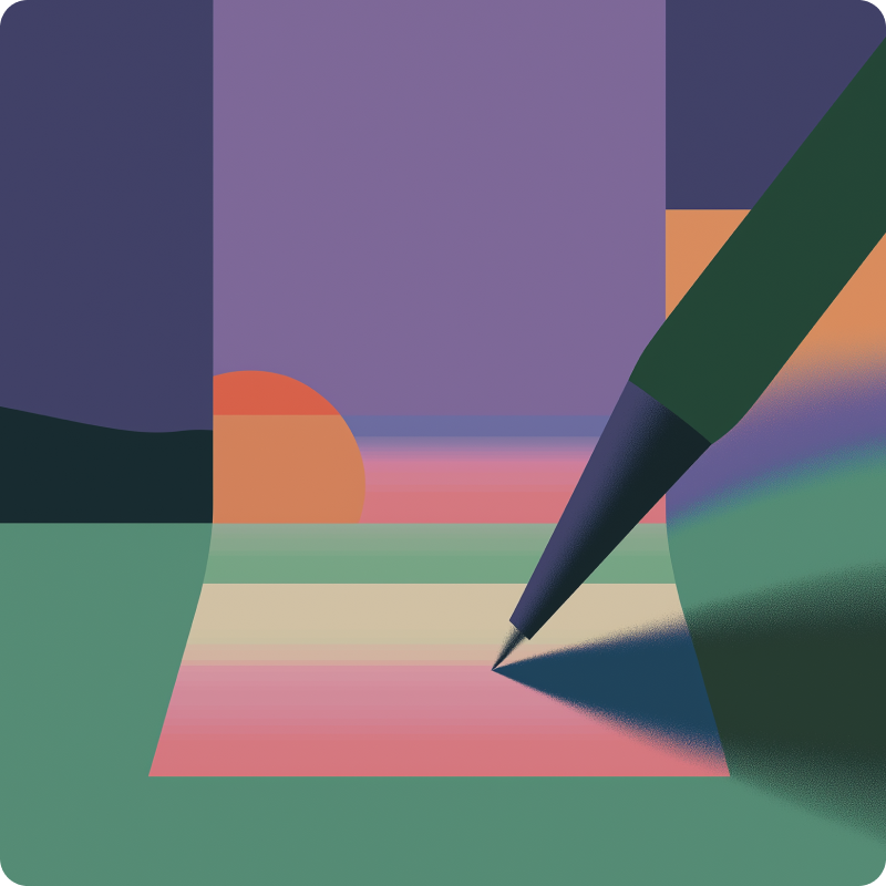A stylized illustration of a pen writing on paper, incorporating legal metrics, with a colorful sunset and landscape in the background, blending geometric shapes and pastel colors.