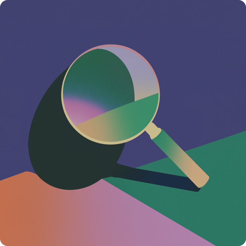 A stylized illustration of a magnifying glass casting a dark shadow, with the glass and background displaying smooth gradients of green, purple, orange, and blue tones, symbolizing the analysis of legal metrics.