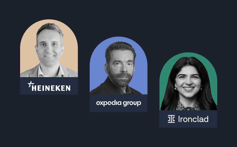 Three headshots of professionals in colored frames: a smiling man labeled Heineken, a man labeled expedia group, and a woman labeled Ironclad—leaders known for advancing legal metrics in their respective industries.