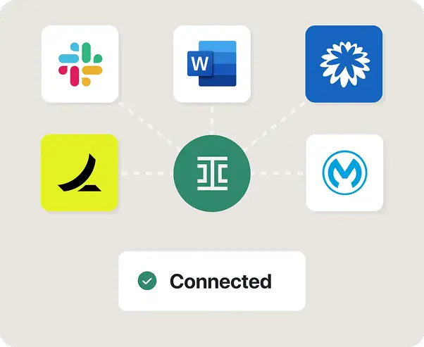 Diagram showing a central green ironclad icon connected to five app logos: Slack, Microsoft Word, MuleSoft, and two others, with a Connected label and a checkmark below.