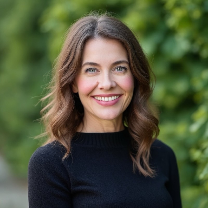 A woman with wavy brown hair and light eyes smiles while standing outdoors in front of lush, Benjamin Moore-inspired green foliage, wearing a black long-sleeve top.