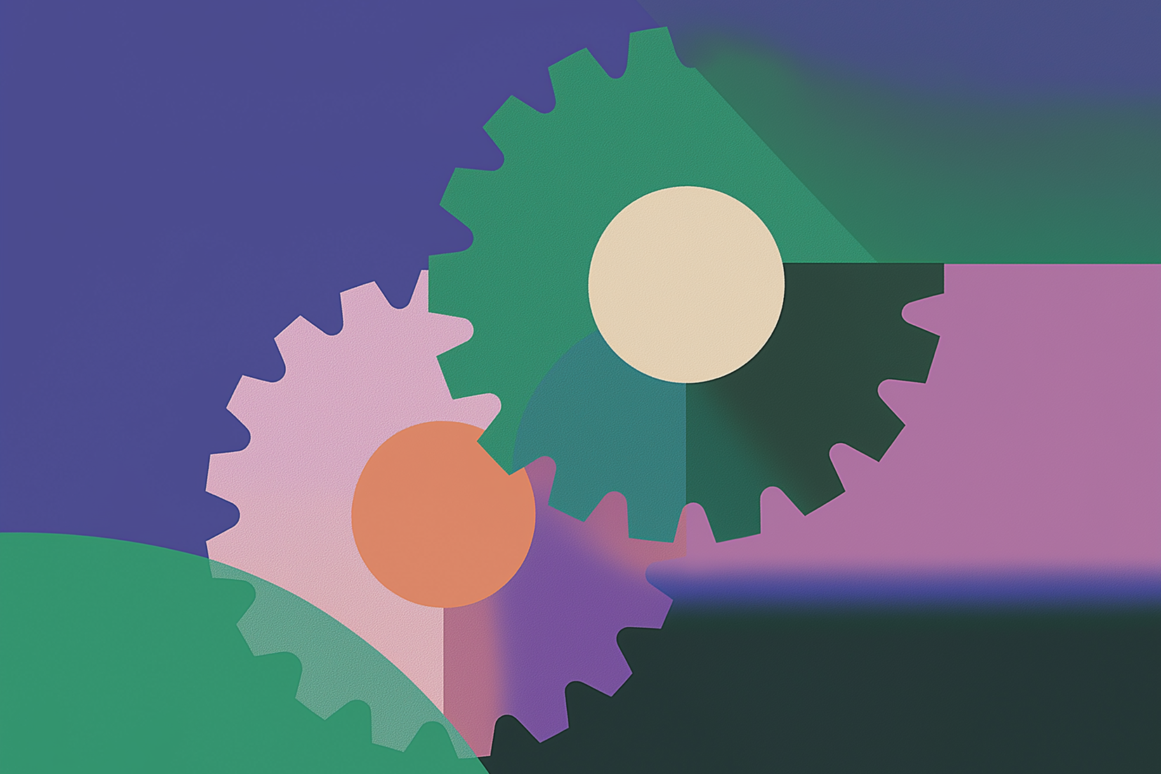 Two colorful interlocking gears, one purple with an orange center and one green with a cream center, set against a blue and purple abstract background. The flat, modern style symbolizes the precision of AI legal research in a geometric motif.