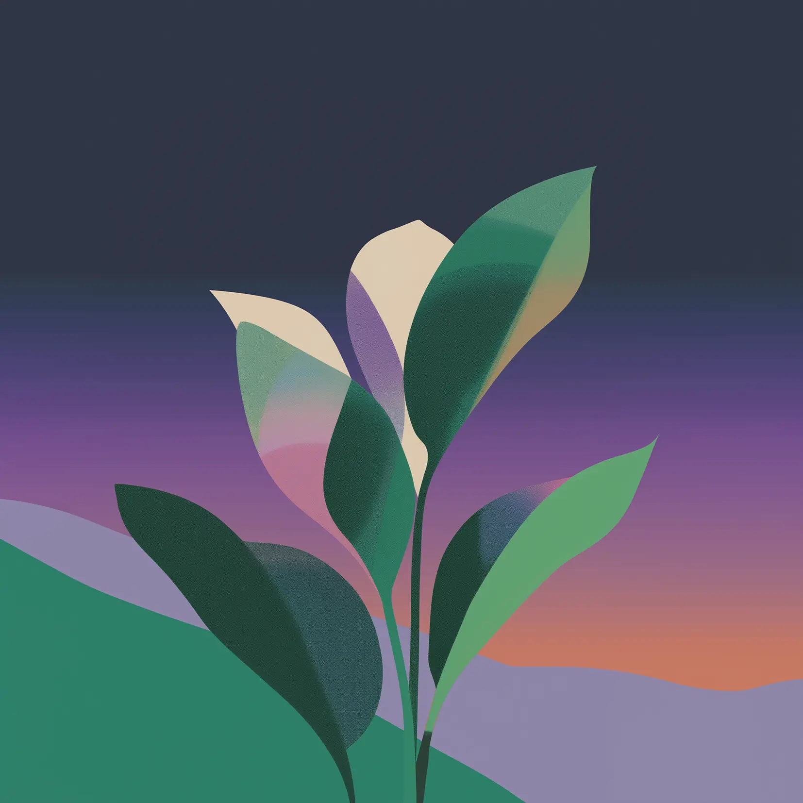 Abstract illustration of a plant with green and cream leaves set against a vibrant gradient background, symbolizing growth and new beginnings—perfect for capturing the essence of procurement first 90 days in a serene sunset or dawn setting.