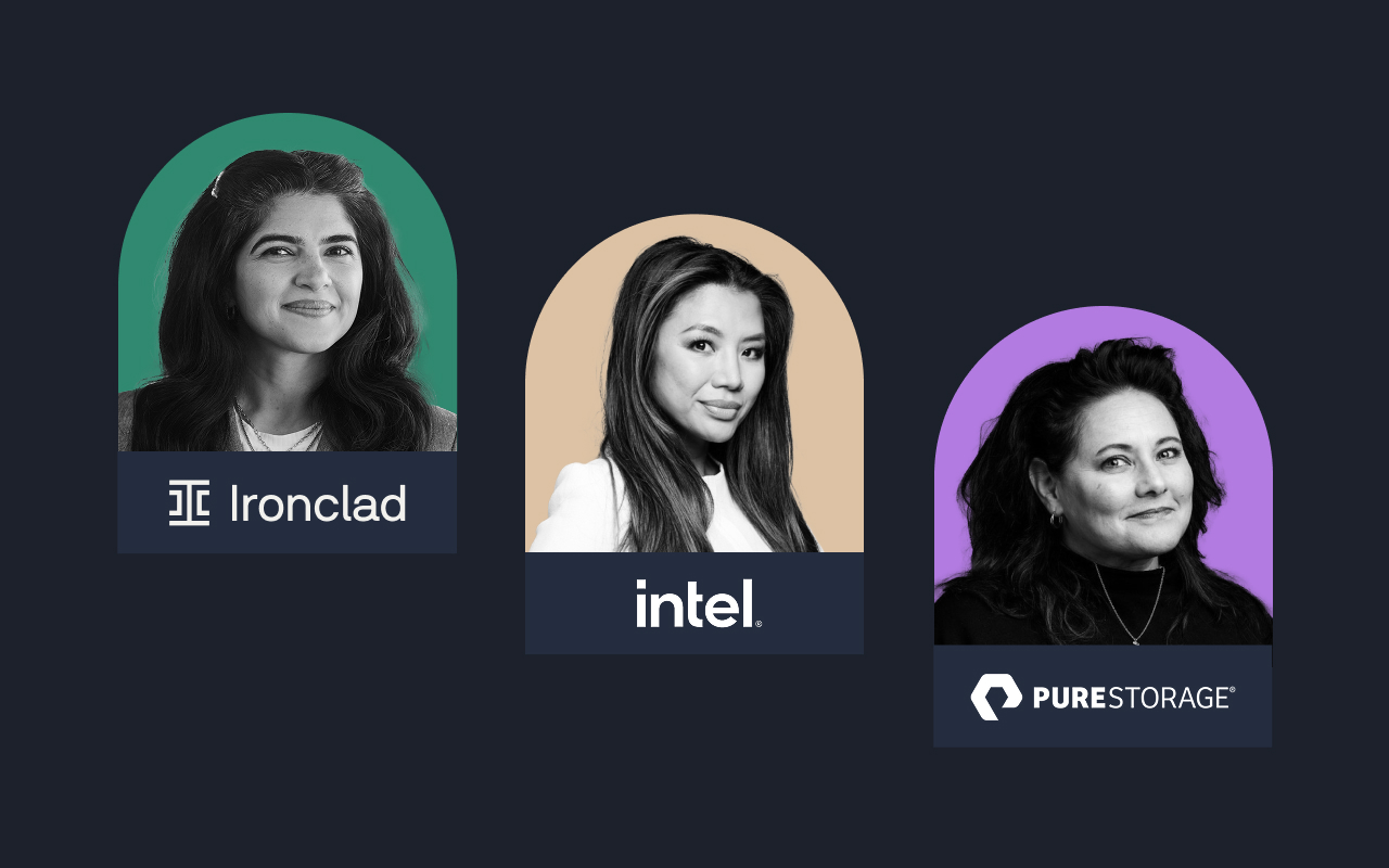 Three women appear in separate, colored arch frames. Beneath each portrait are AI-themed logos and names of their companies: Ironclad, Intel, and Pure Storage, all set against a dark background.