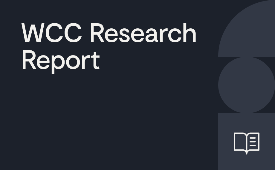 Dark background with the text WCC Research Report in large white letters, abstract geometric shapes on the right, and a white outlined open book icon in the bottom right corner.