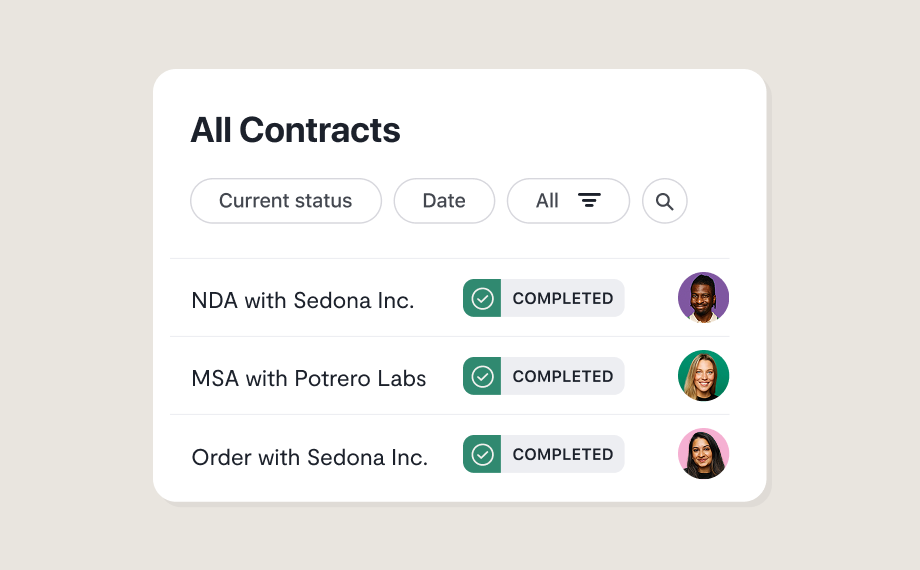 A dashboard displays a list of contracts with company names, status filters, and profile pictures. All contracts shown are marked as Completed with green check icons, making it easy to use Ironclad to respond to due diligence requests efficiently.