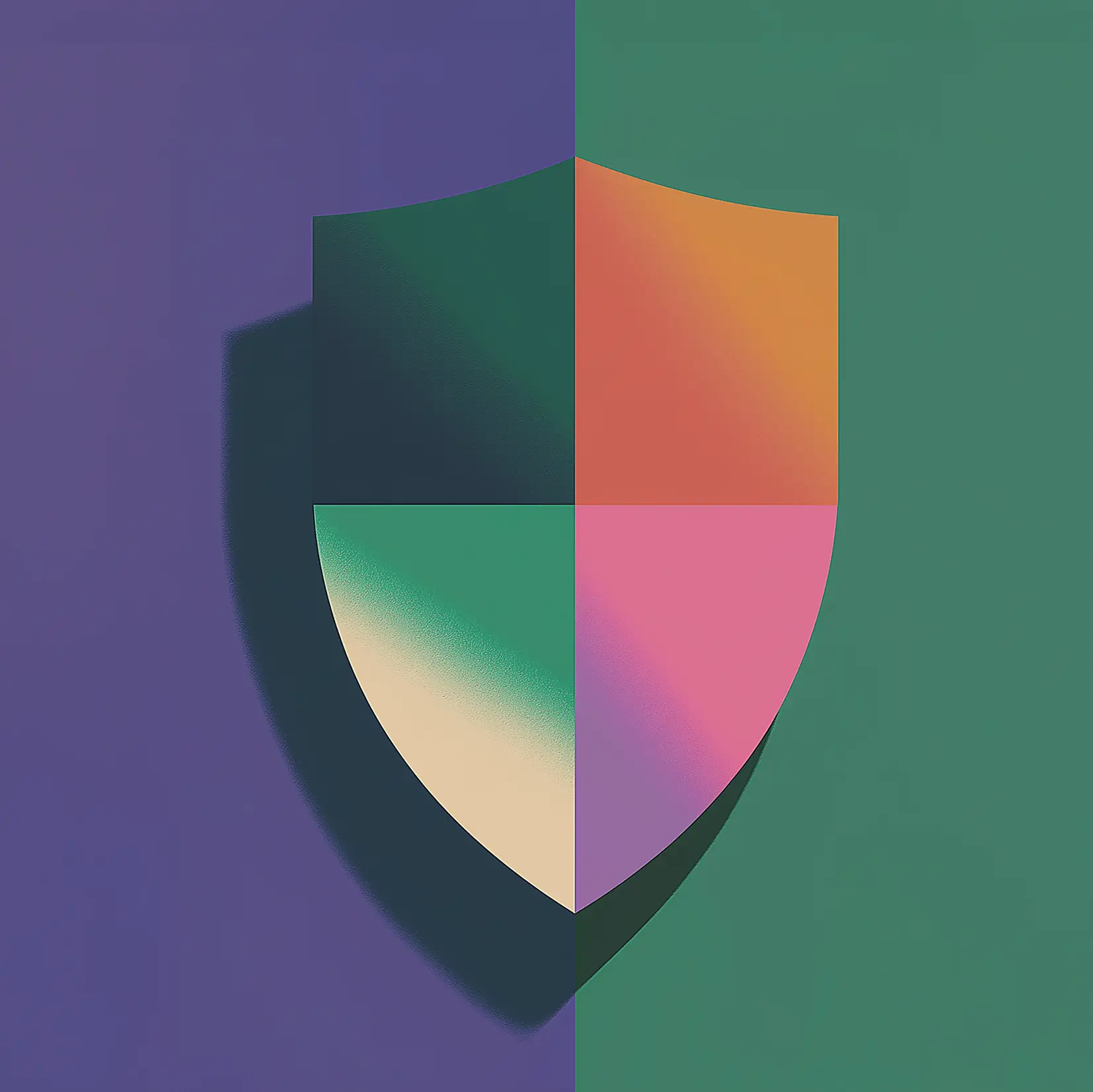 A stylized shield divided into four colored sections—green, orange, beige, and pink—symbolizes how design contracts prevent value leakage, set against a background split vertically into purple and teal halves.