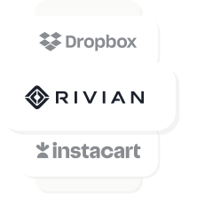Logos for three companies—Dropbox, Rivian, and Instacart—are displayed vertically on rounded white rectangles with soft shadows.