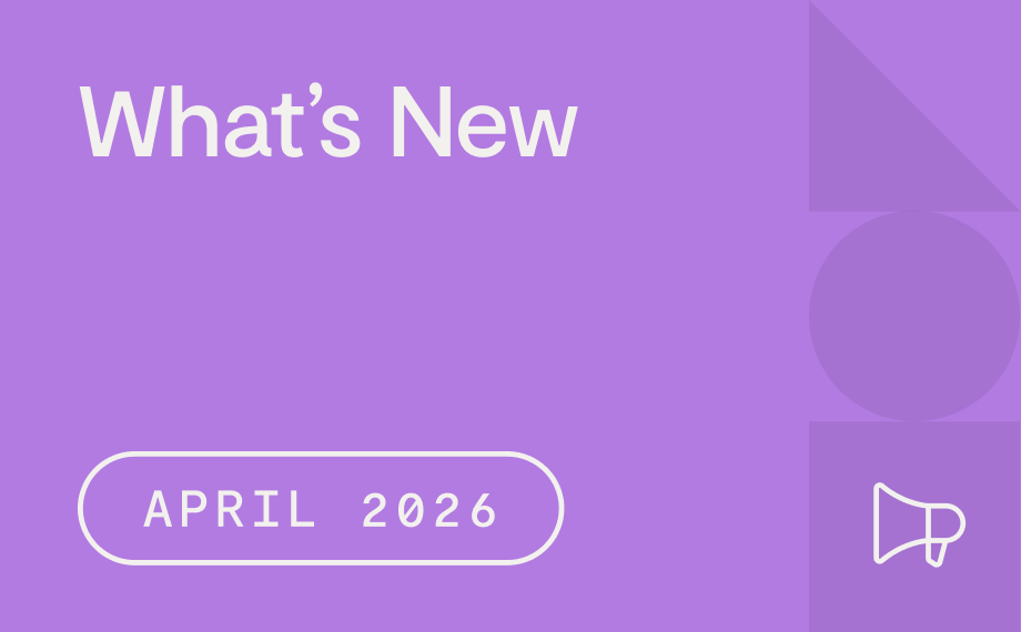 Purple graphic with the text What’s New at the top, APRIL 2026 in a rounded rectangle below, and a white megaphone icon in the bottom right corner—highlighting the latest updates in contract AI.
