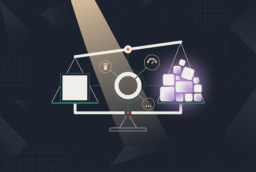 A digital illustration of a computer monitor displaying contract type selection as a balance scale. One side holds a single square, and the other has a cluster of glowing cubes, with icons and graphs in the background.