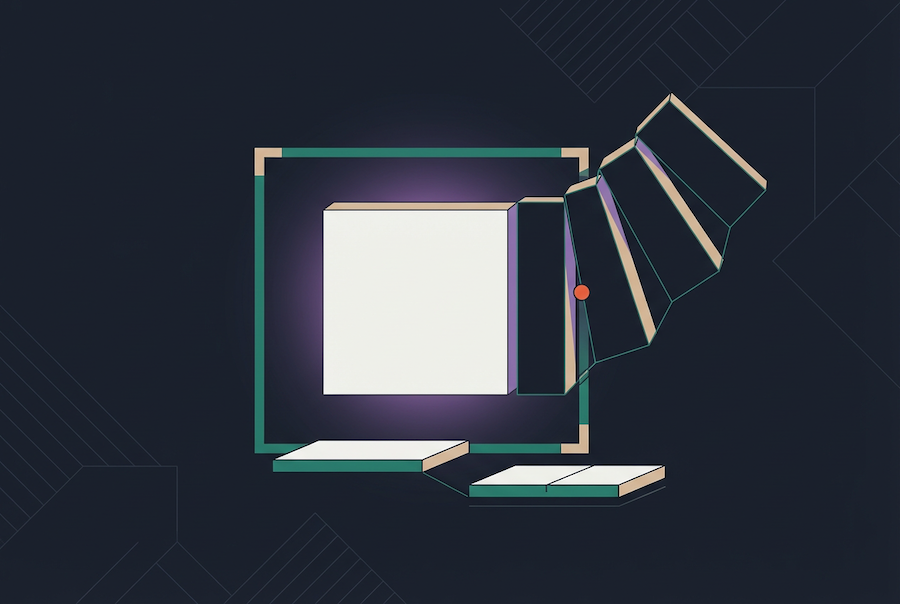 Abstract digital art with a glowing white square in the center, bordered by teal lines, subtly evokes the balance of pros and cons of fixed price contracts. Geometric panels extend outward against a dark background with delicate line patterns.