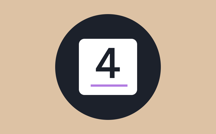 A black circle with a white rounded square in the center, displaying the number 4 in bold black text above a short purple horizontal line, on a beige background—ideal for representing procurement personality types.