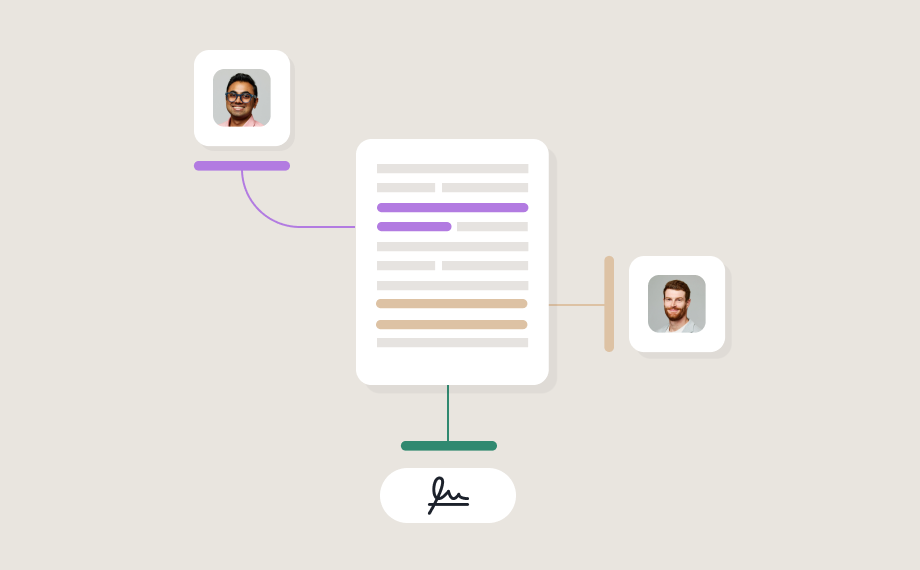 Illustration of a document connected by lines to two profile photos and an electronic signature, representing how to master the contract approval process through seamless digital document collaboration and signing.