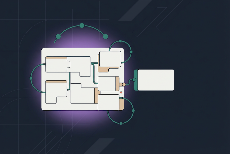 Abstract diagram with interconnected rectangular blocks and curved lines on a dark background, suggesting agile contract management or a network process. One block is highlighted, and connections extend outward to a blank rectangle on the right.