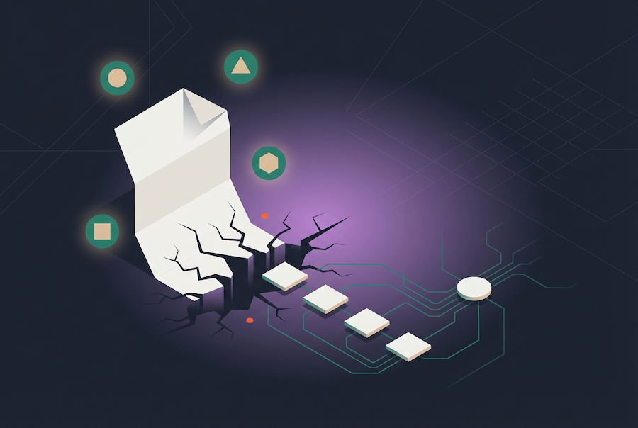 A digital illustration of an envelope emerging from a cracked surface, with floating geometric icons and glowing elements connected by circuit-like lines, symbolizing data transfer or contract risk exposure in digital communication.