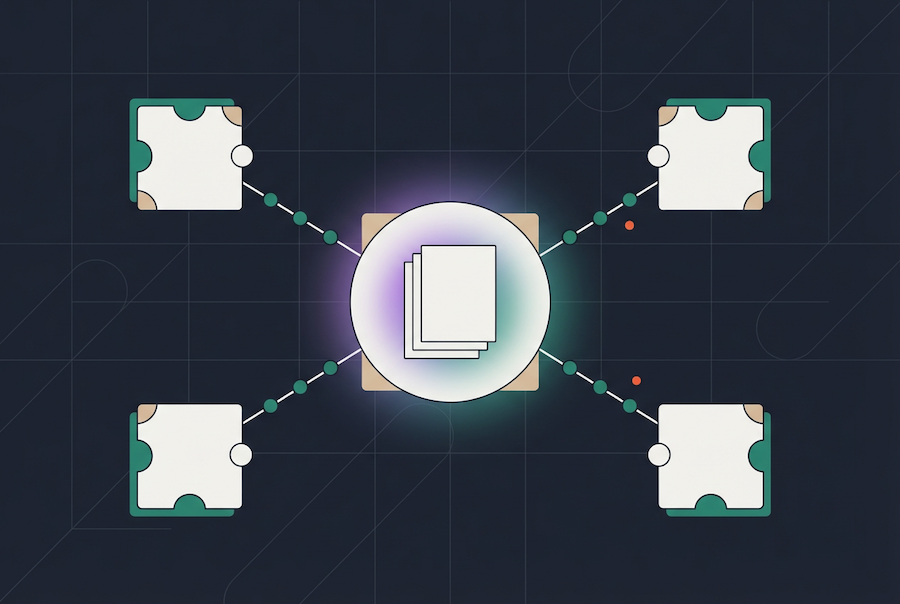 A central glowing circle with document icons connects to four puzzle piece-like blocks on a dark grid background, representing cross-functional contract AI enabling seamless data or document sharing between multiple nodes.