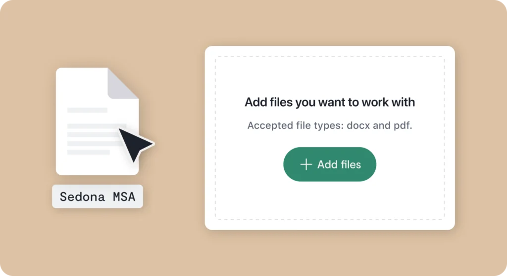 A digital interface shows a document icon labeled Sedona MSA and a file upload box with the message Add files you want to work with—perfect for any ironclad jurist. Accepted file types: docx and pdf, plus a green Add files button.