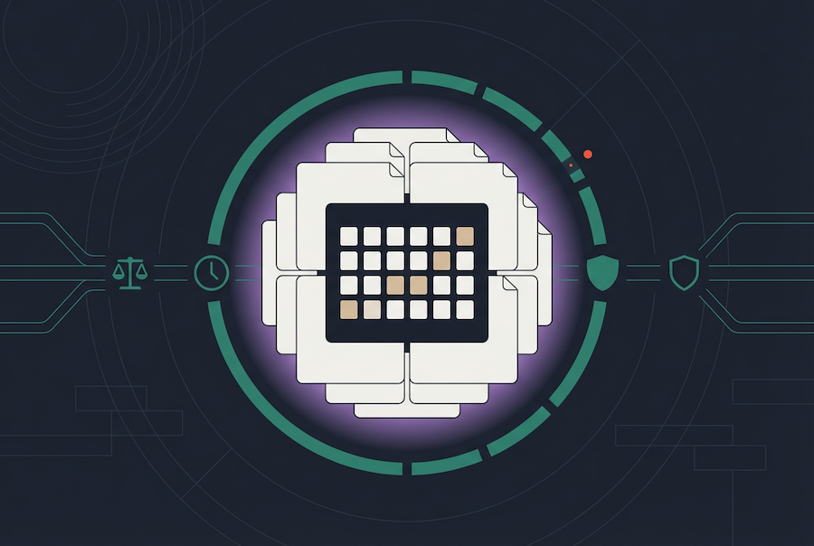 A stylized illustration shows a central grid or calendar surrounded by overlapping document icons, with digital symbols for HR and employment law, time, and security connected by circuit-like lines on a dark background.