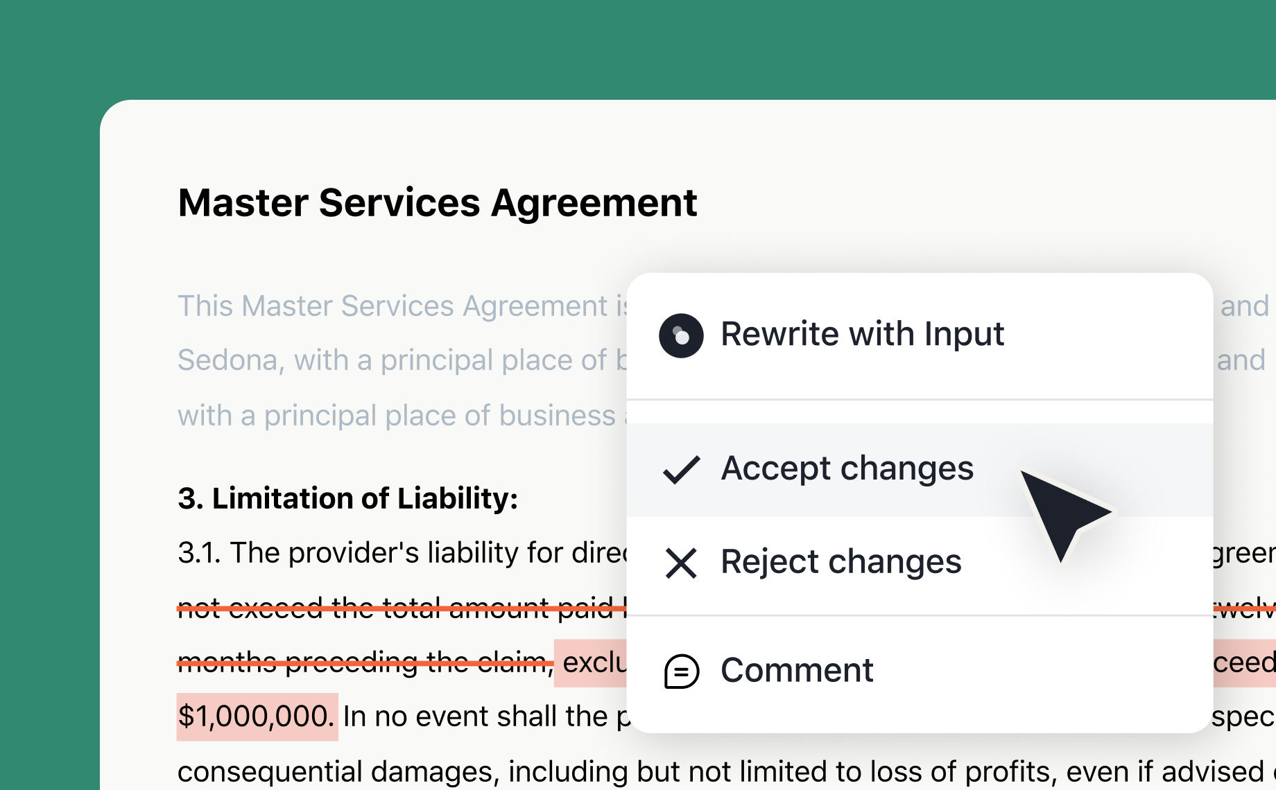 A digital document titled Master Services Agreement is shown with section 3, Limitation of Liability, being edited. A pop-up menu displays cloc-inspired options: Rewrite with Input, Accept changes, Reject changes, and Comment.