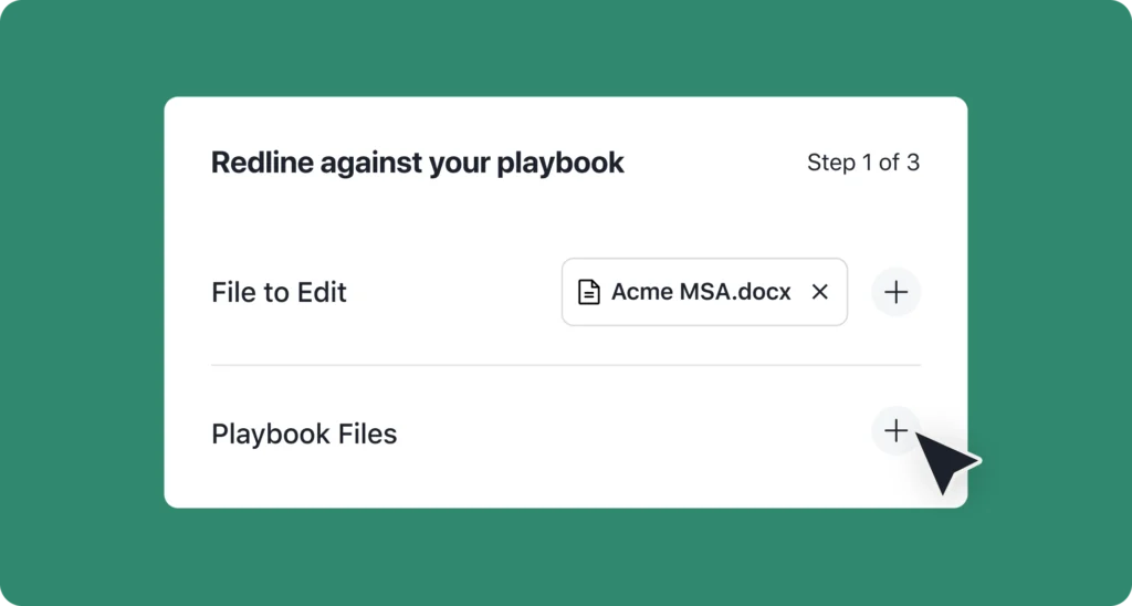 A user interface screen displays a file upload section titled Redline against your playbook, showing Acme MSA.docx as the file to edit and a cursor hovering over a plus icon to add playbook files, powered by Ironclad’s jurist features.