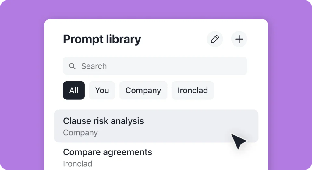 A digital interface titled Prompt library displays a search bar, filter buttons (All, You, Company, Ironclad Jurist), and a highlighted option Clause risk analysis under Company, with a cursor pointing at it.