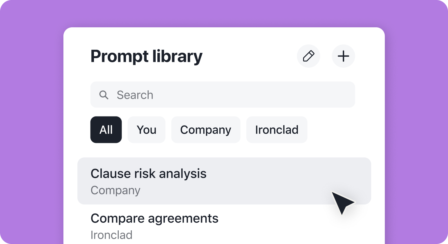 A digital interface titled Prompt library displays a search bar, filter buttons (All, You, Company, Ironclad Jurist), and a highlighted option Clause risk analysis under Company, with a cursor pointing at it.