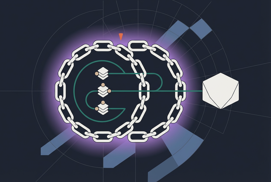 An abstract illustration shows a chain forming a circle around connected nodes, symbolizing supply chain agreements, with a line leading to a geometric white shape, all set on a dark background with faint circular and angular grid patterns.