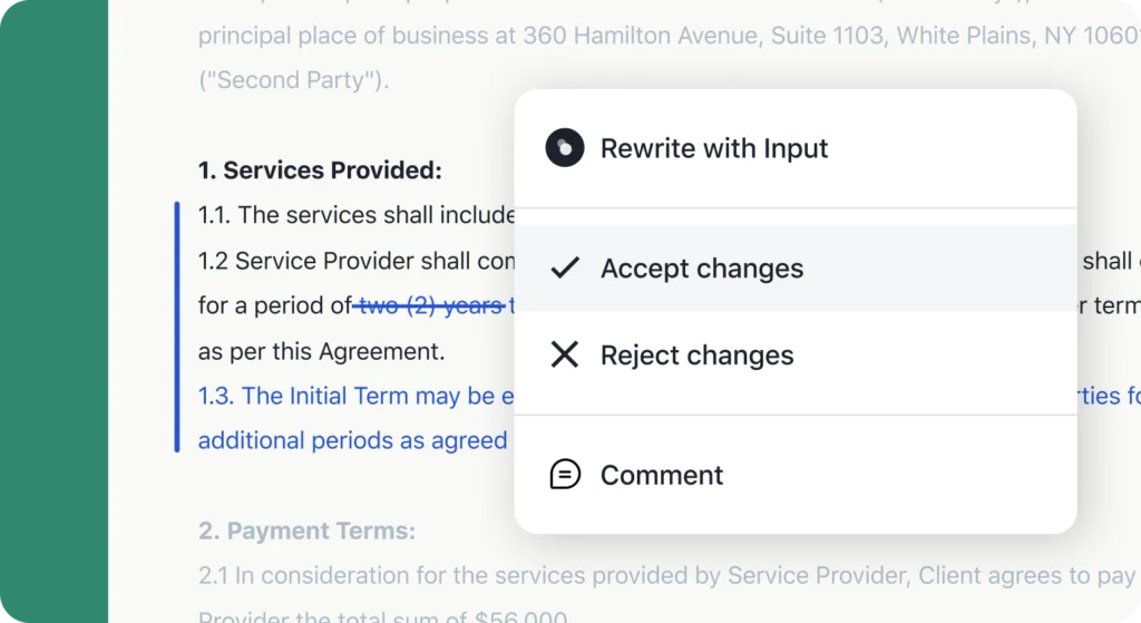 A digital document displays edited text with formatting options. A pop-up menu shows choices: Rewrite with Input, Accept changes, Reject changes, and Comment—features that aid even an ironclad jurist in reviewing edits highlighted by blue and red underlines.