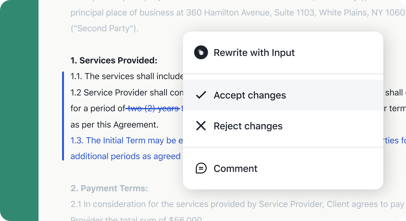 A digital document displays edited text with formatting options. A pop-up menu shows choices: Rewrite with Input, Accept changes, Reject changes, and Comment—features that aid even an ironclad jurist in reviewing edits highlighted by blue and red underlines.