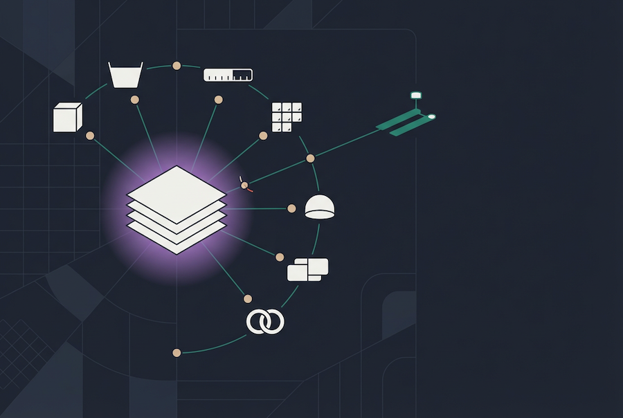 A digital illustration shows interconnected icons, including a shopping cart, package, helmet, and construction contract types, all radiating from stacked layers in the center on a dark background. Lines extend outward to additional abstract icons.
