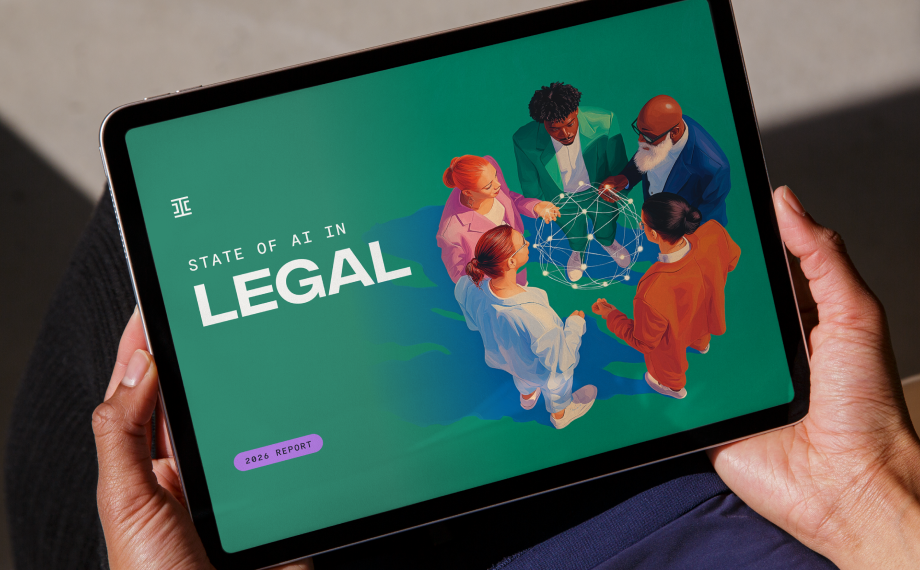 A person holds a tablet displaying a report titled State of AI in Legal with an illustration of five diverse people standing in a circle, connecting lines and nodes above a green background.