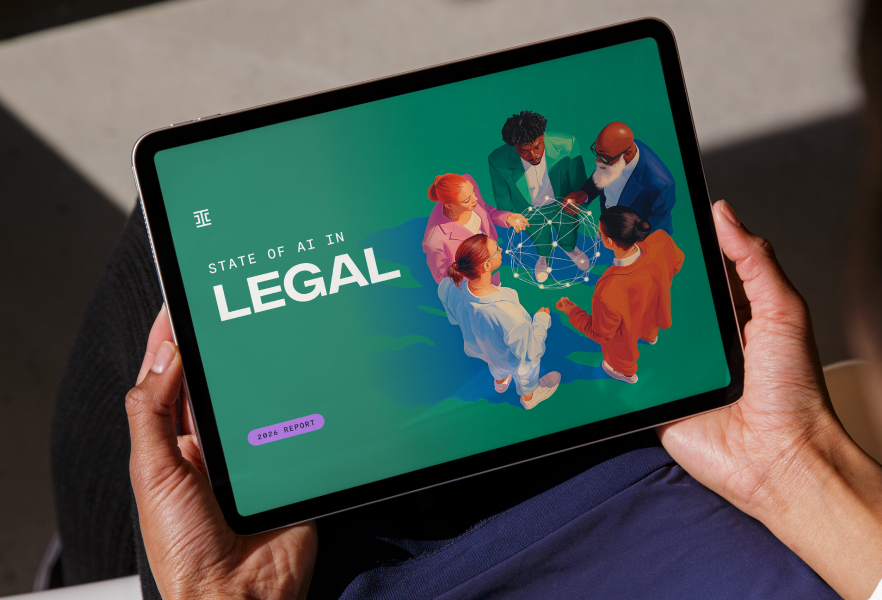 A person holding a tablet displaying a graphic titled “State of AI in Legal” with an illustration of six people standing in a circle around a stylized network diagram, highlighting ironclad insights, and a button labeled “2024 Report.”.