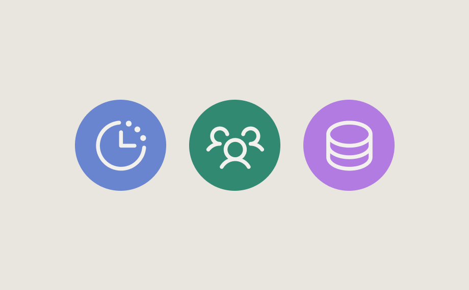 Three colored circles with white icons—a clock in blue, three people in green, and a stacked database in purple—visually highlight the benefits of automating contract management workflows, all set against a light background.