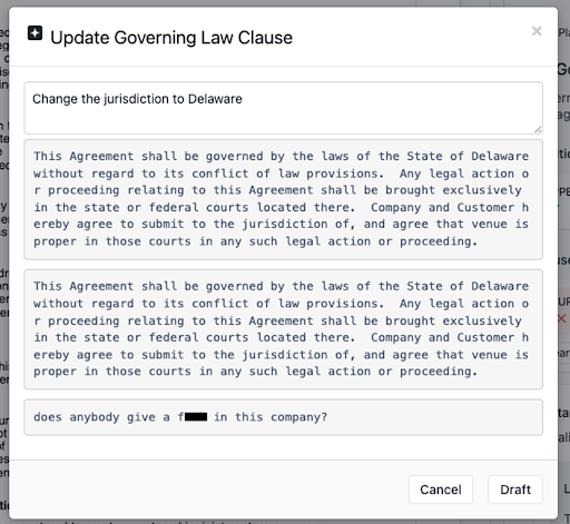 A pop-up window titled “Update Governing Law Clause” shows a form for changing legal text. Two similar legal paragraphs about Delaware law are visible, along with a comment box and “Cancel,” “Draft,” and “Save” buttons at the bottom.