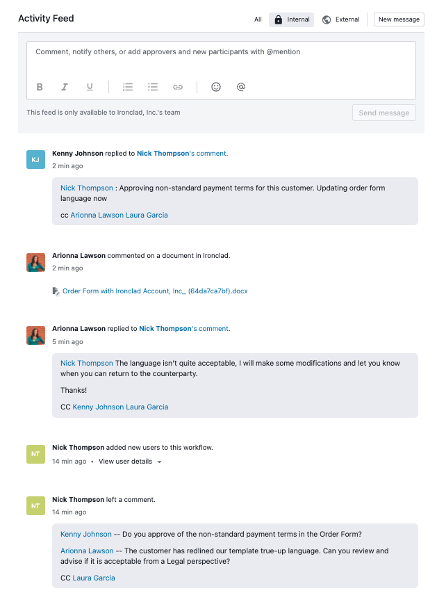 A screenshot of a collaborative activity feed shows comments between team members discussing non-standard payment terms for a customer, with attached files and mentions of several colleagues for feedback and legal advice.