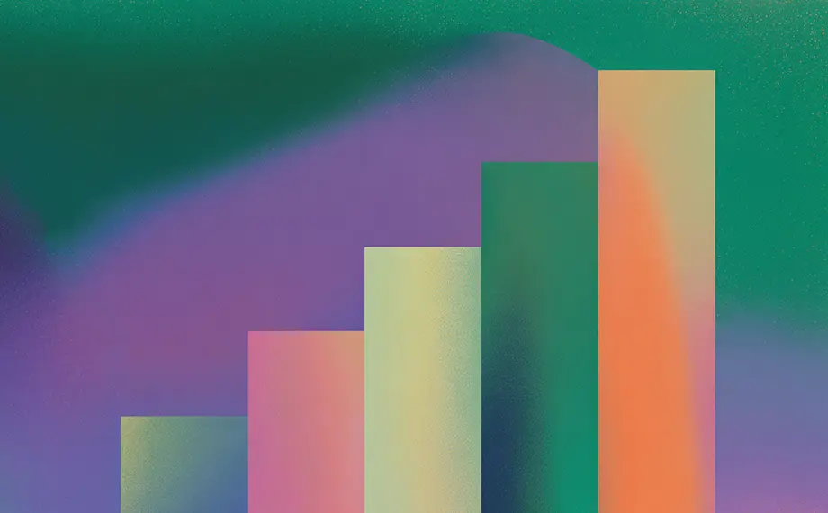 Abstract illustration of five vertical bars of varying heights in pastel shades, set against a gradient background blending green, purple, and blue tones. The bars resemble a bar graph or chart, evoking the visualization of contract metrics or sales performance data.