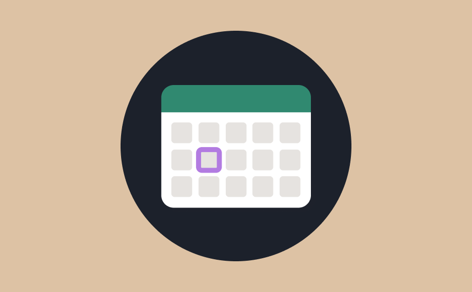 An illustration of a calendar with a green top bar, gray squares for days, and one square outlined in purple—highlighting the importance of contract renewals—set against a black circle on a beige background, reminding viewers to realize the potential of each marked date.