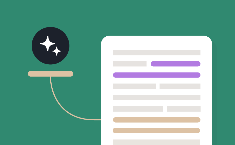 Illustration of a document with colored lines, connected by a curved line to a dark circle with white sparkles on a green background, symbolizing creativity or enhanced writing—perfect for visualizing CPO agenda key takeaways.