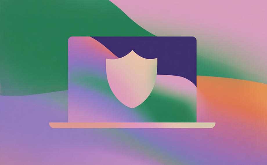 Abstract illustration of a laptop with a shield icon on the screen, symbolizing efforts to create website privacy policy, set against a colorful gradient background with shades of green, pink, purple, and orange.