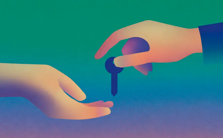 Two hands are shown: one holding a key, symbolizing the transfer outlined in a franchise agreement, while the other hand is open to receive it, set against a blue-green gradient background.