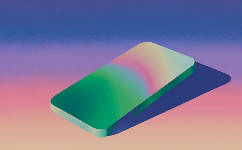 A rectangular, rounded-edged object with a pastel gradient lies on a pink and blue surface, casting a shadow—reminiscent of mobile-friendly contracts. The background fades from blue at the top to pink at the bottom.