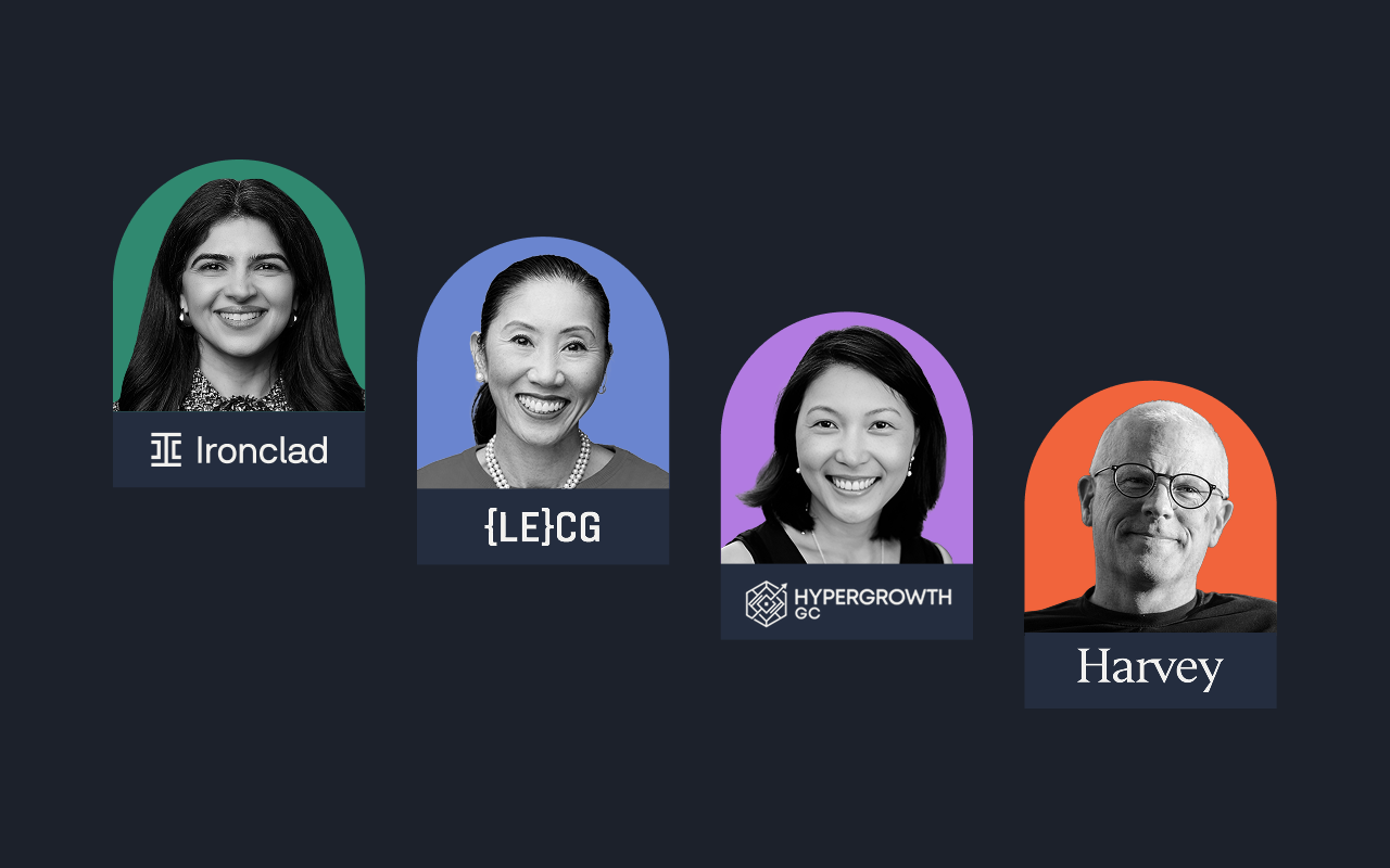 A dark background features four headshots, each framed in a colored arch with company logos: Ironclad, LECG, HypergrowthGC, and Harvey. Each person is smiling and facing forward, highlighting leaders in legal tech and Ironclad Jurist AI.