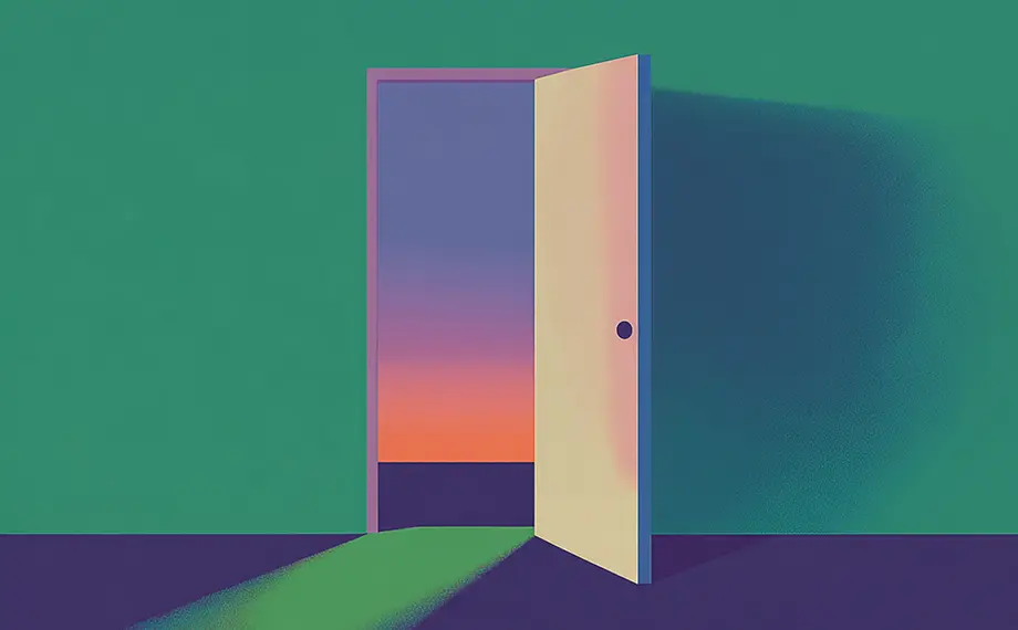 A door stands ajar in a green wall, revealing a colorful sunset sky—much like how order forms unlocking efficiency in your business can open new possibilities. Light from outside casts a rainbow-like shadow into the dark, empty room.