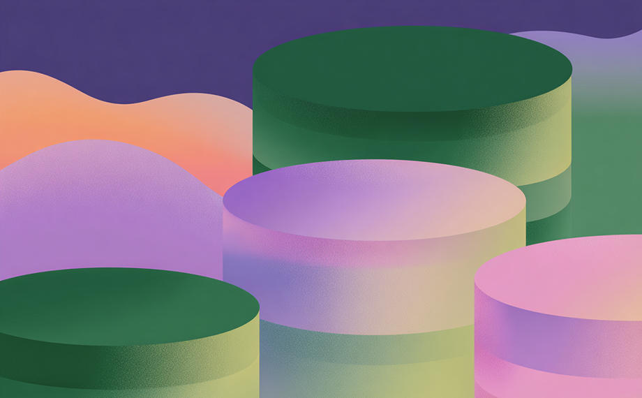 Abstract illustration featuring large, cylindrical shapes in shades of green, purple, and pink—reminiscent of redis data structures—set against a background of gradient hills in orange, purple, and blue tones.
