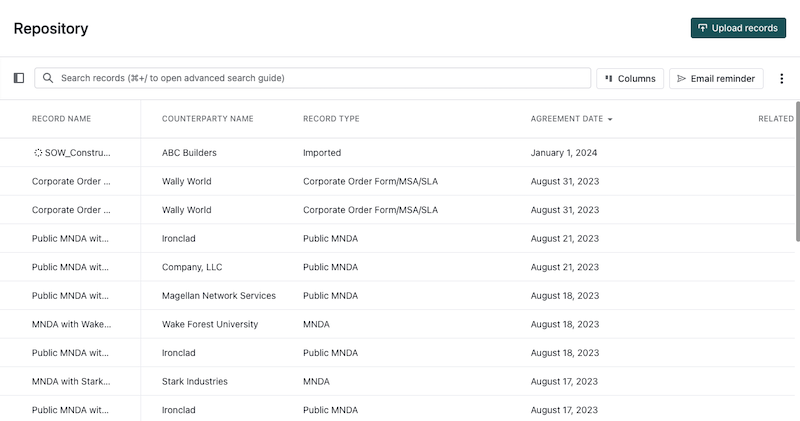 A digital repository table displays records with columns for record name, counterparty name, record type, and agreement date. An Upload records button is visible in the upper right corner.