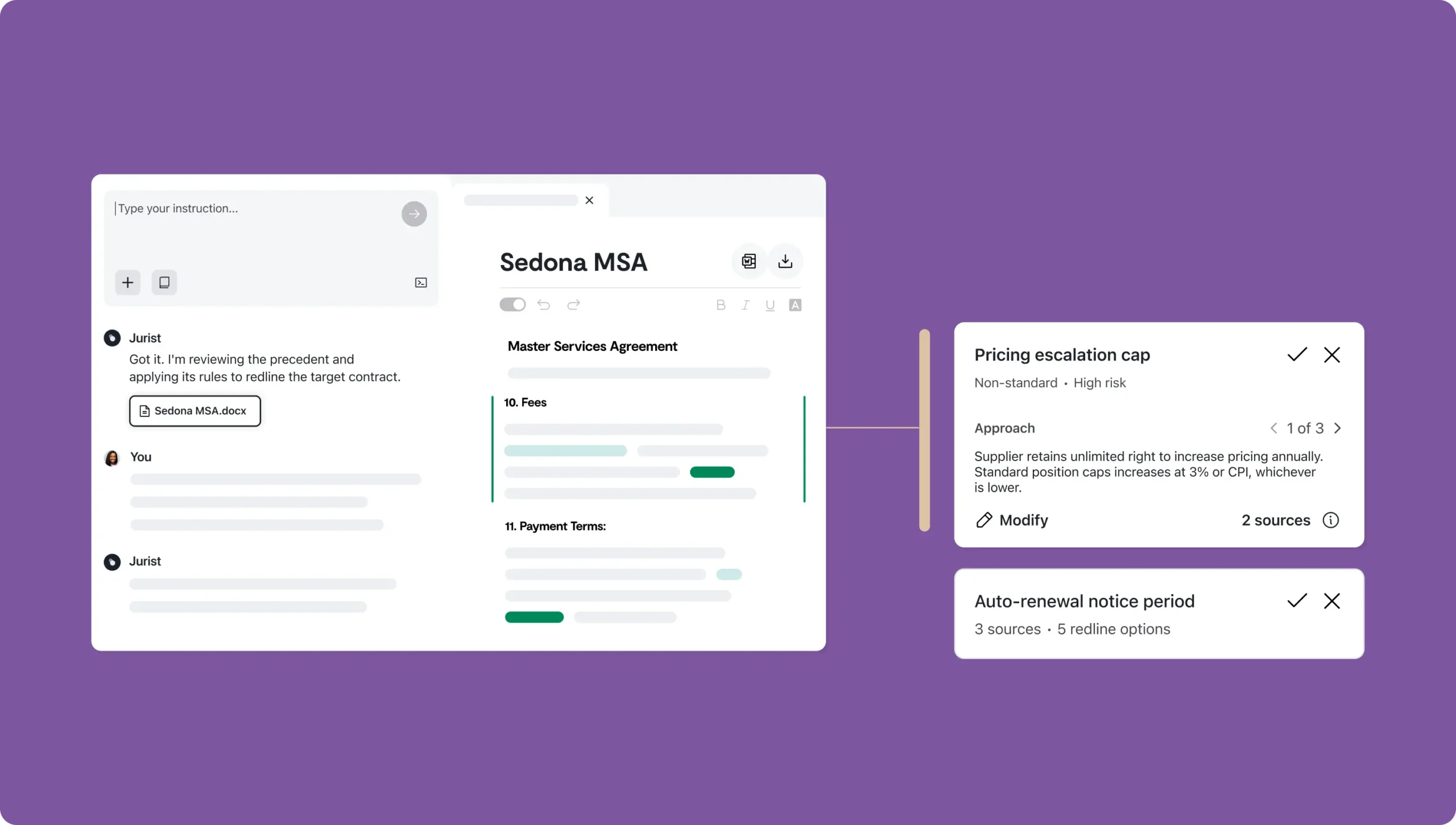 A digital interface displays a Master Services Agreement review with SAP integration, highlighting sections on fees and payment terms. Beside it, cards show Pricing escalation cap and Auto-renewal notice with related details and options.