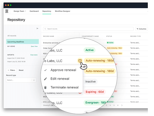 A repository dashboard displays a list of company records with renewal statuses. A magnified section shows a dropdown menu with options: Approve renewal, Edit renewal, and Terminate renewal for an auto-renewing contract.