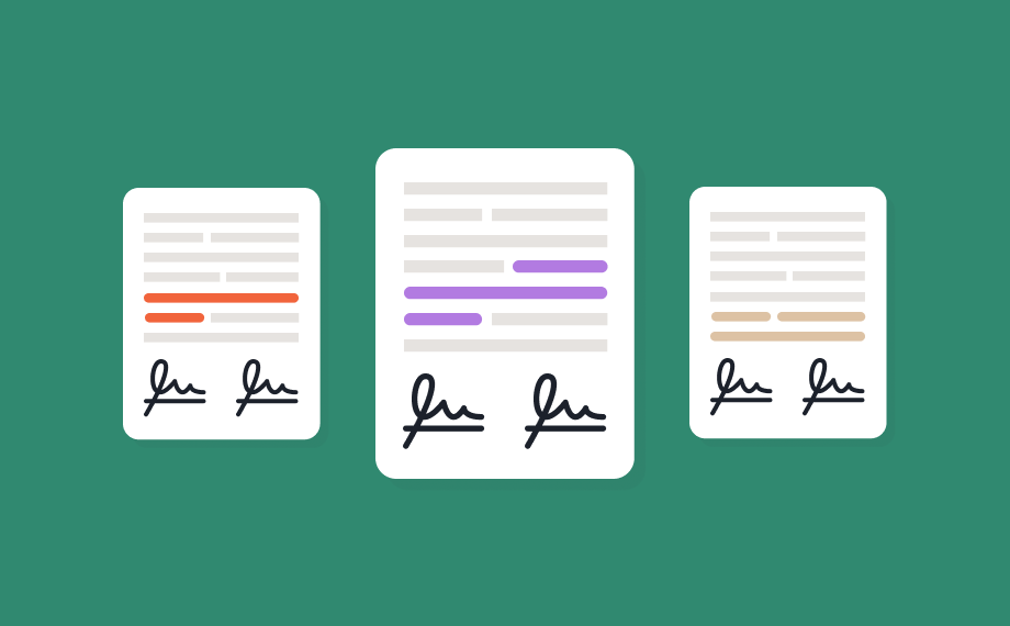Three illustrated documents with signatures are shown on a green background, representing 3 types of indispensable contracts; text lines in each document are highlighted in orange, purple, and brown. The center document is larger than the others.