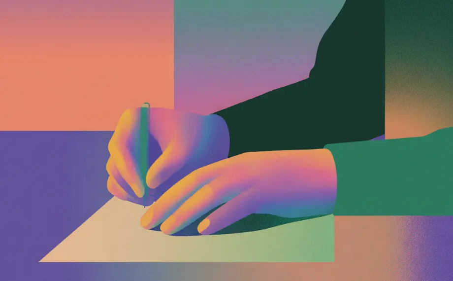 A pair of hands holding a pen writes on paper, symbolizing the process of universal NDA creating and automating standardized agreements. The image uses colorful, abstract gradients in green, purple, orange, and pink hues.